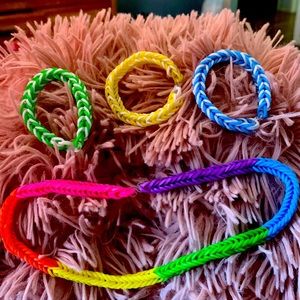 Friendship bracelets and rainbow necklace